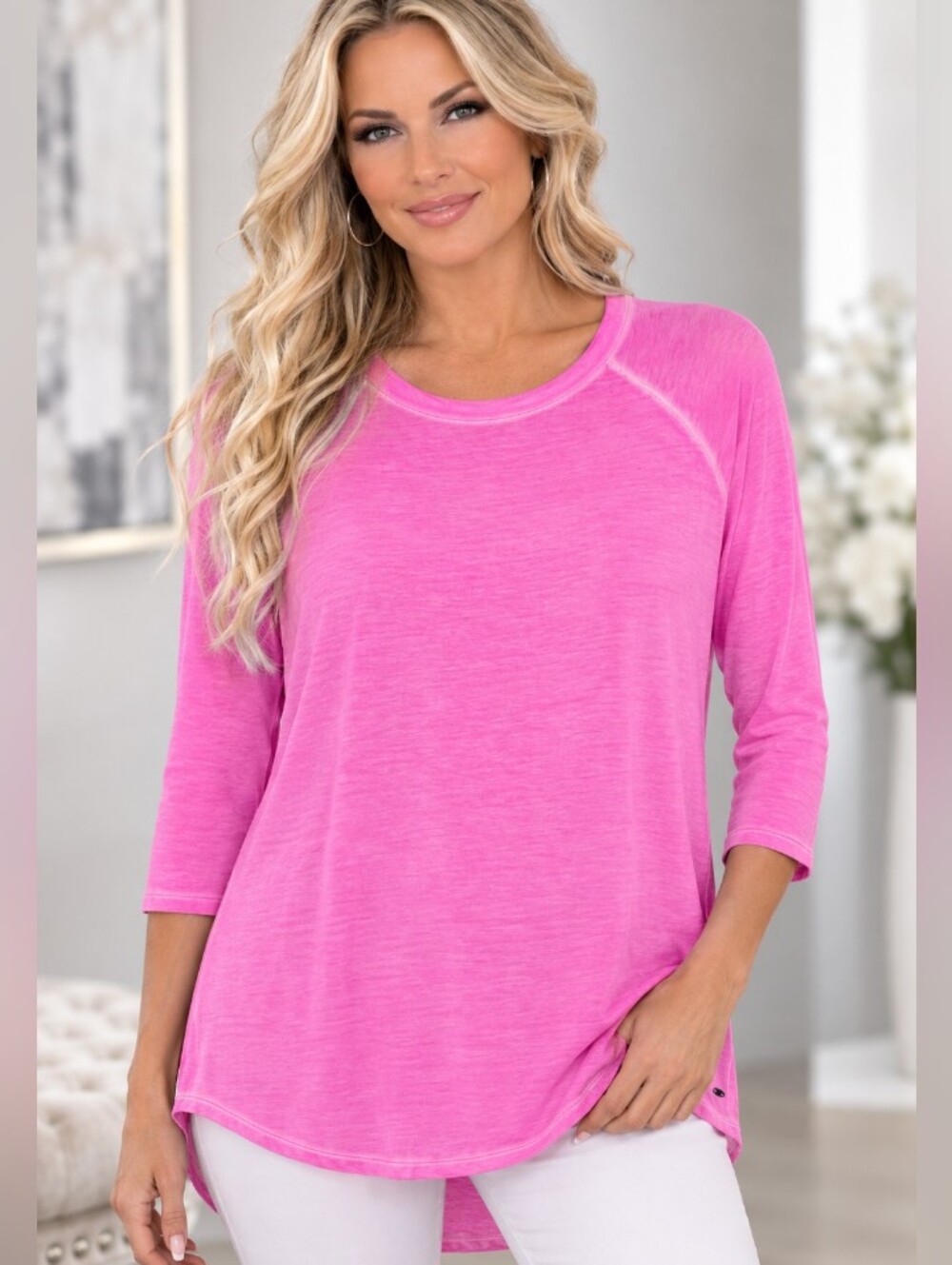 American Eagle Neon Pink 3/4 Sleeve Scoop Neck Top